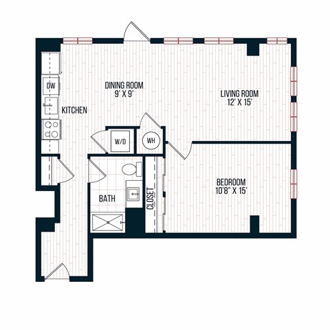 A floor plan of a small apartment with a living room, dining room, kitchen, bathroom, and bedroom.